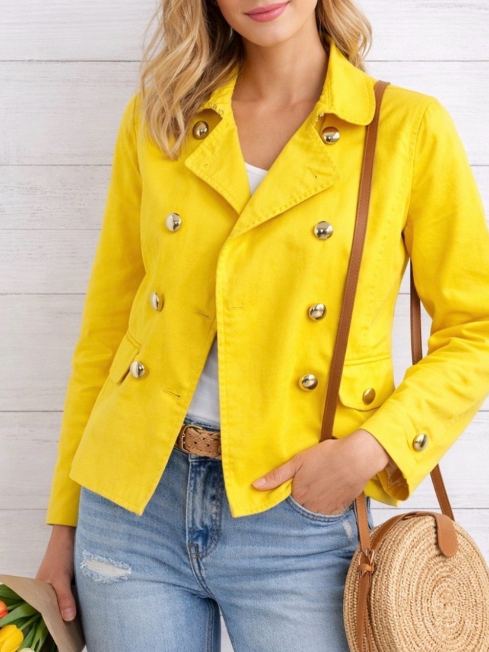 J. Crew Yellow Double-Breasted Coat with Gold Buttons